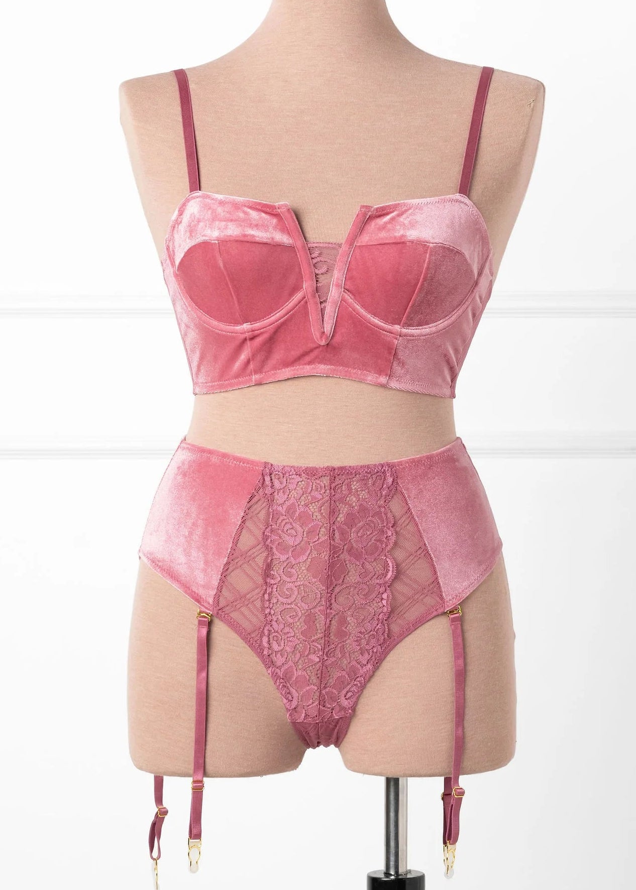 High Waist Velvet Crotchless Garter Panty - Sugarplum Pink