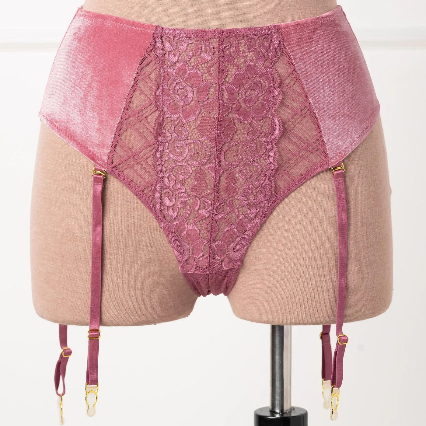 High Waist Velvet Crotchless Garter Panty - Sugarplum Pink