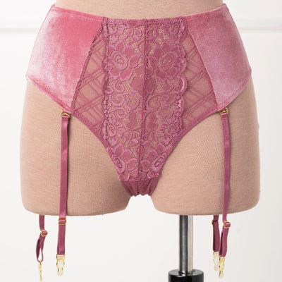 High Waist Velvet Crotchless Garter Panty - Sugarplum Pink