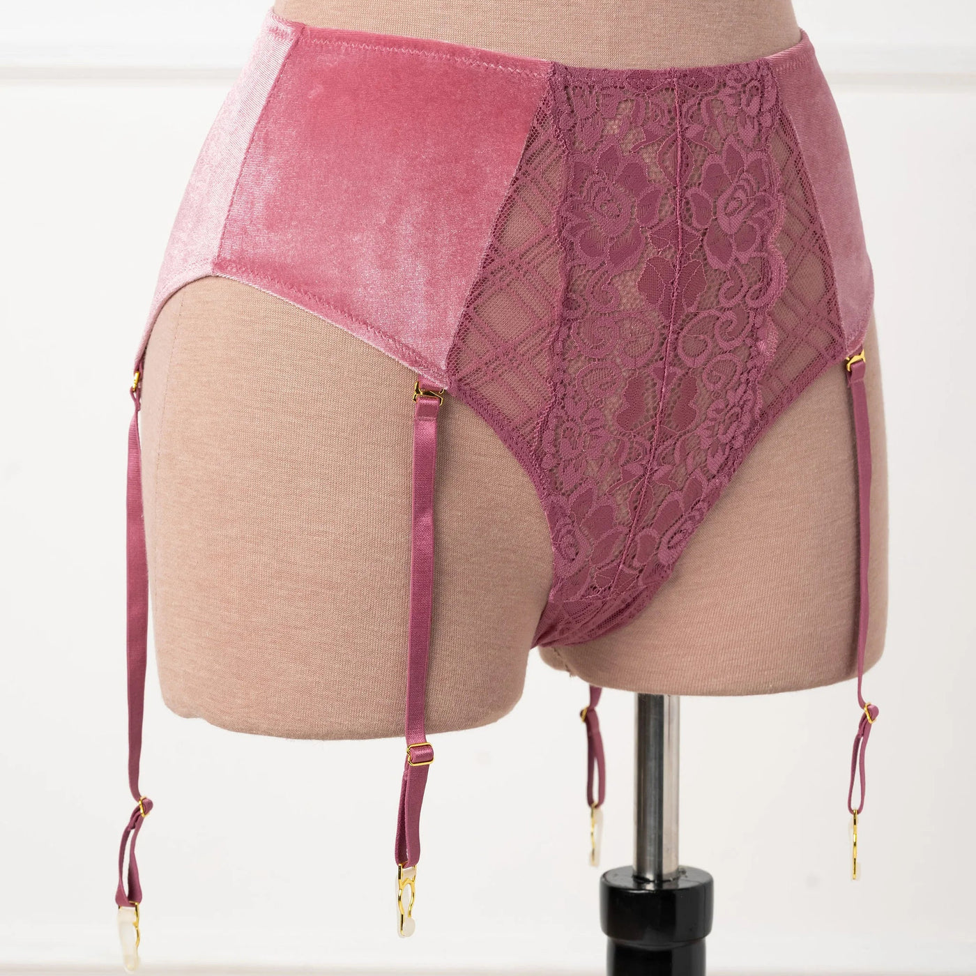 High Waist Velvet Crotchless Garter Panty - Sugarplum Pink