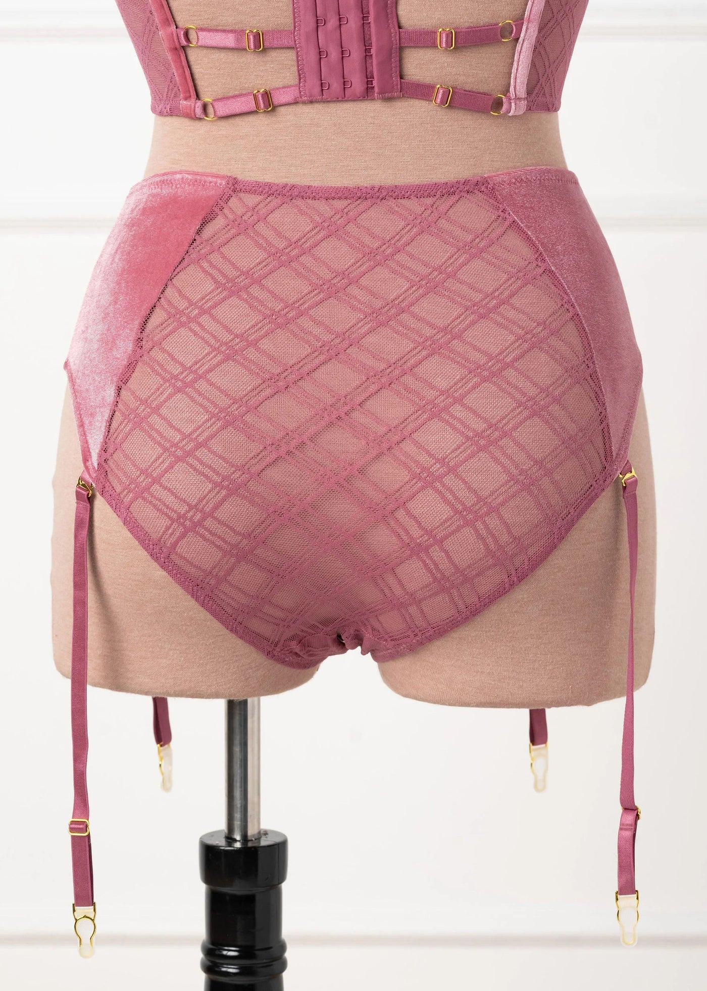 High Waist Velvet Crotchless Garter Panty - Sugarplum Pink
