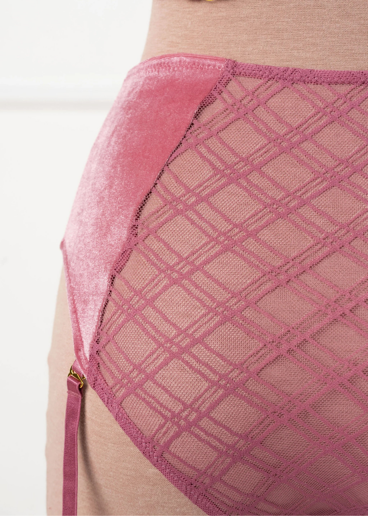 High Waist Velvet Crotchless Garter Panty - Sugarplum Pink