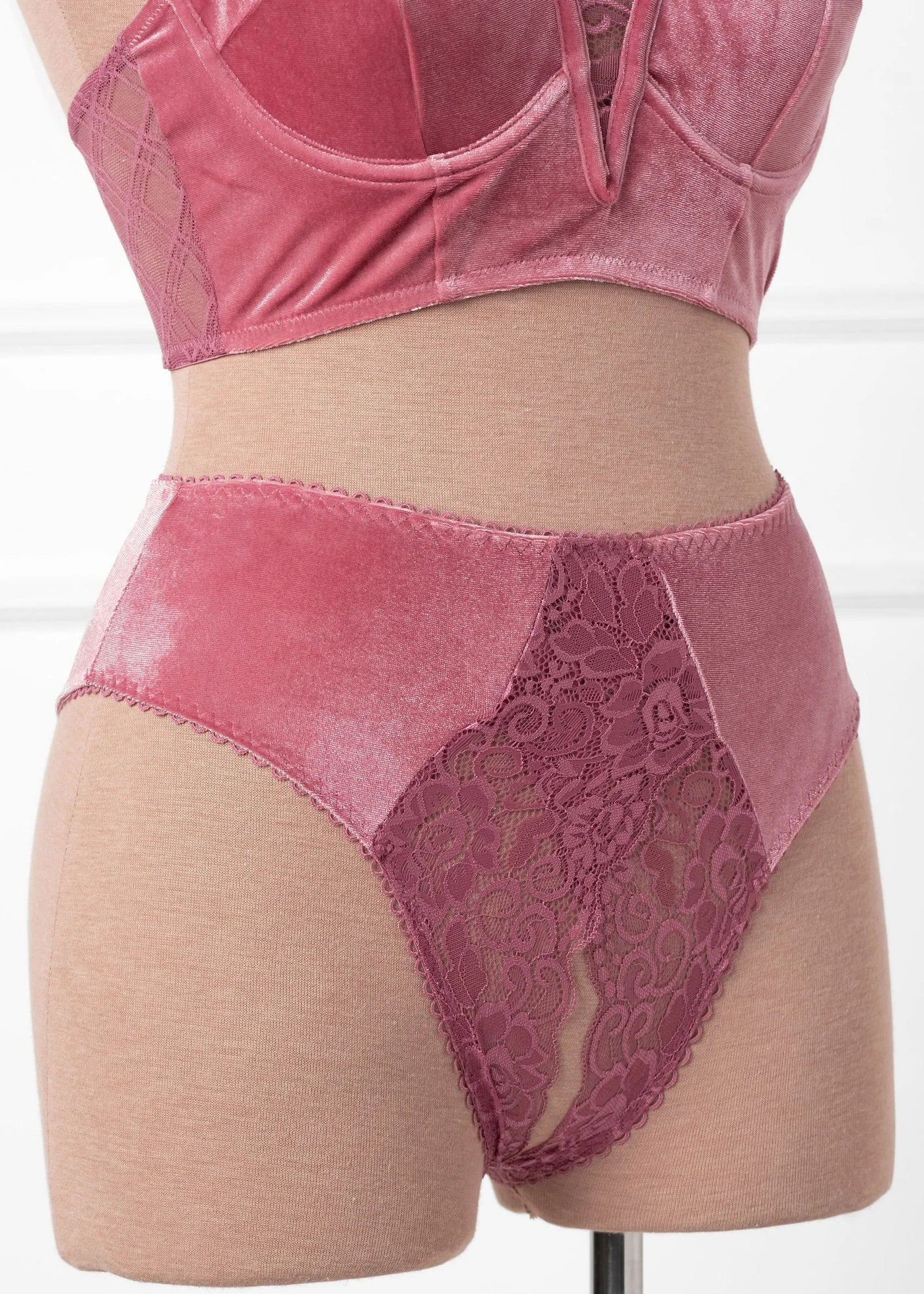 Lace & Velvet Crotchless Hipster Panty - Sugarplum Pink