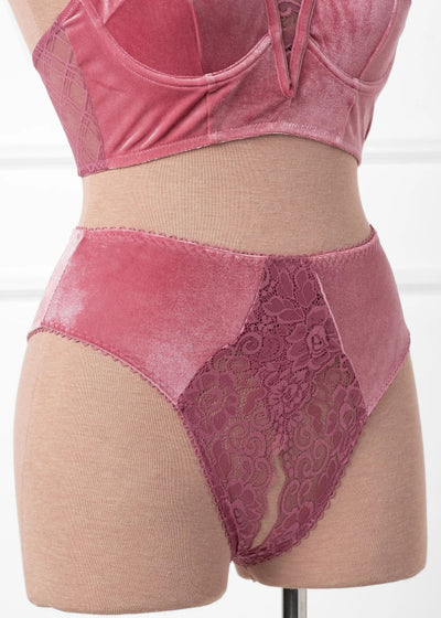 Lace & Velvet Crotchless Hipster Panty - Sugarplum Pink
