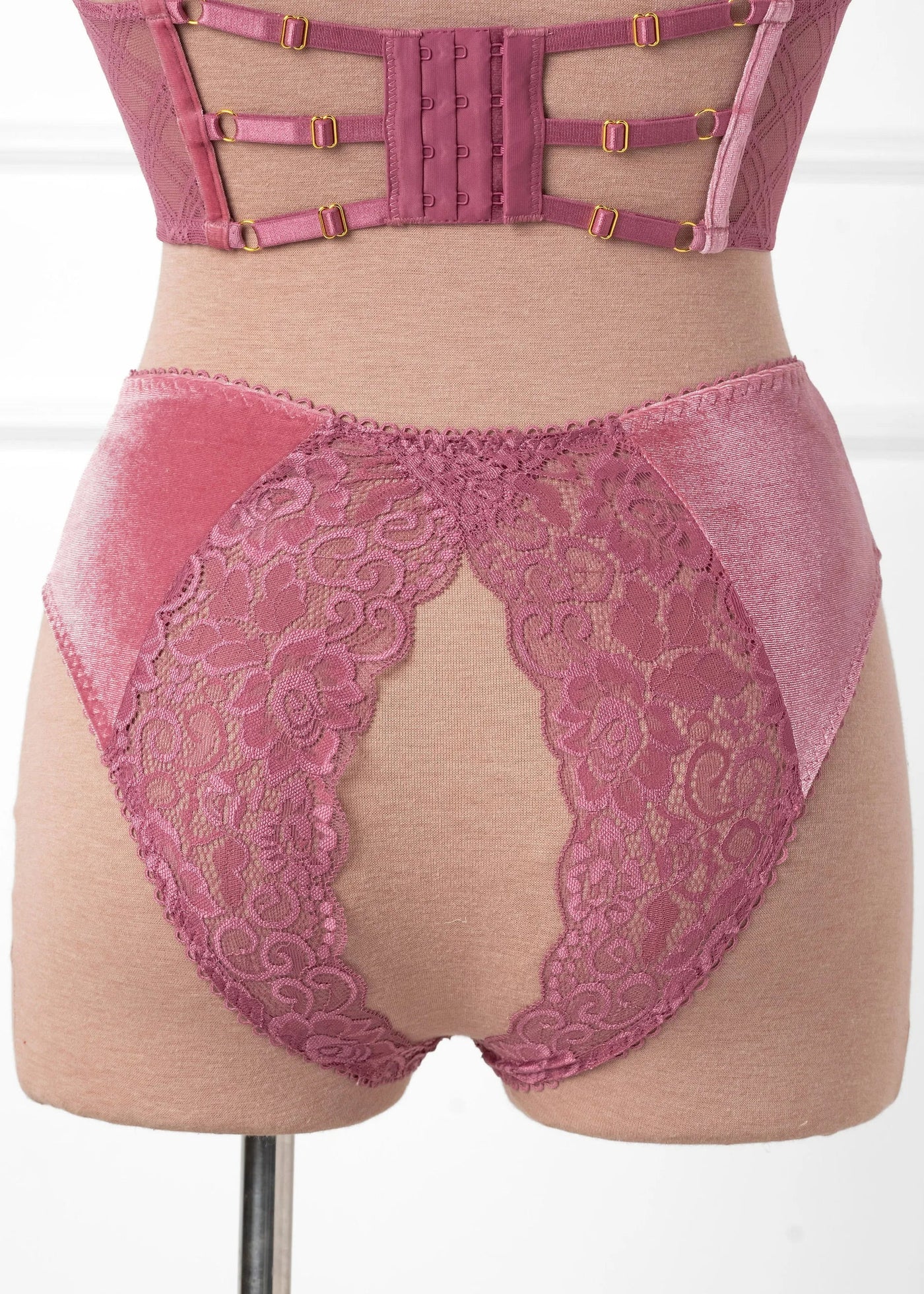 Lace & Velvet Crotchless Hipster Panty - Sugarplum Pink