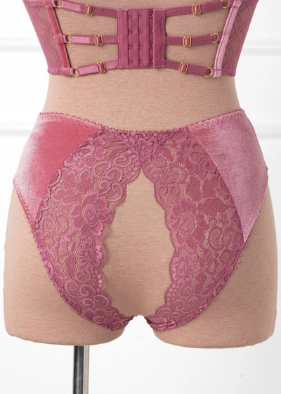 Lace & Velvet Crotchless Hipster Panty - Sugarplum Pink