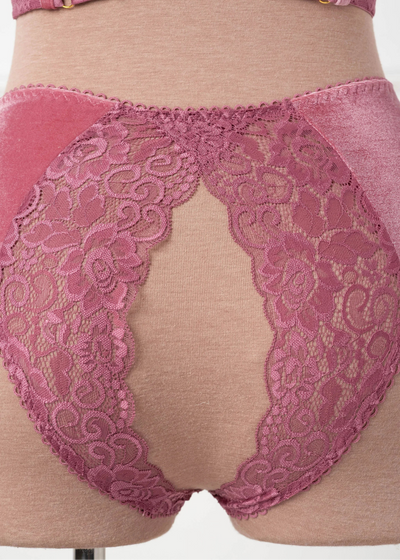 Lace & Velvet Crotchless Hipster Panty - Sugarplum Pink