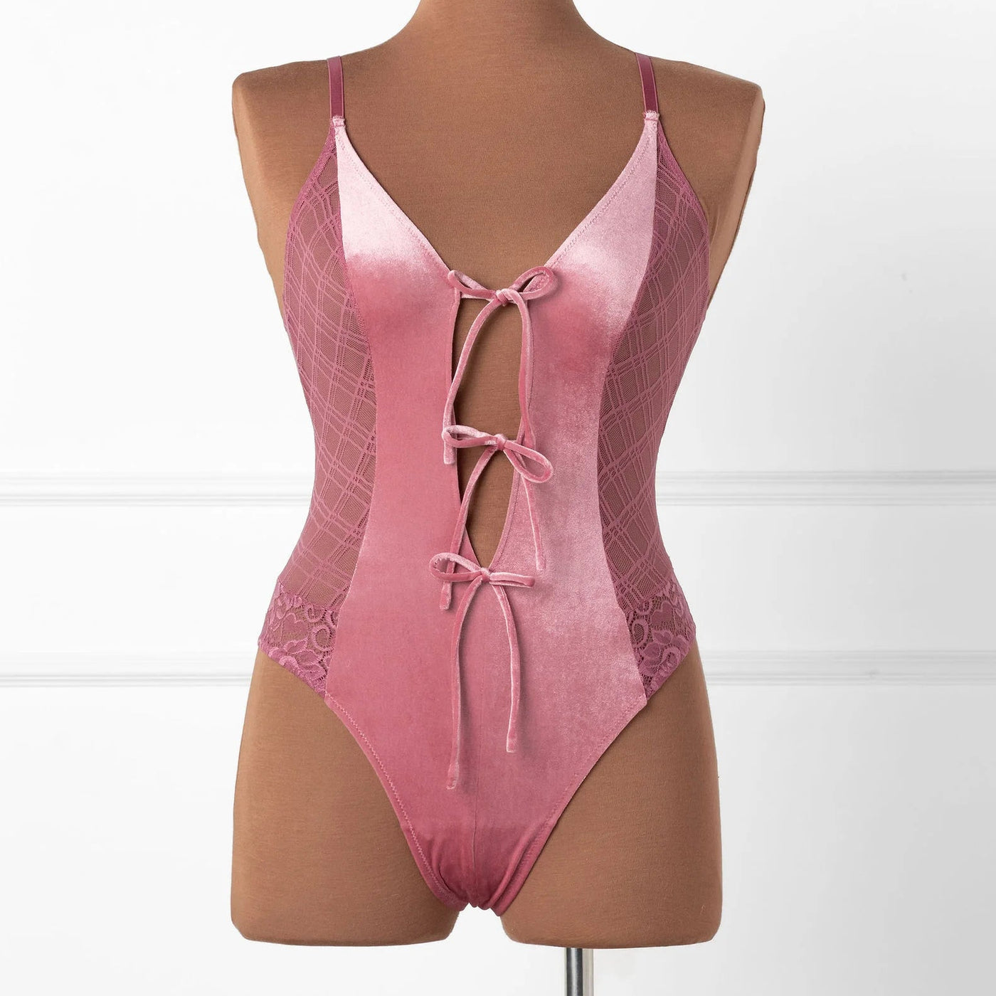 Lace & Velvet Crotchless Teddy - Sugarplum Pink