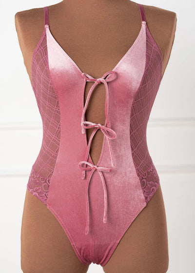 Lace & Velvet Crotchless Teddy - Sugarplum Pink