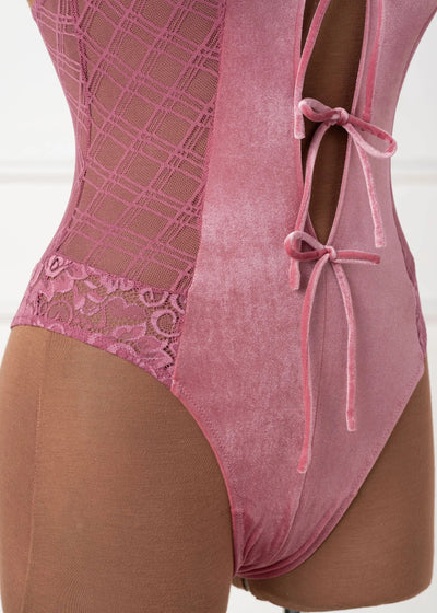 Lace & Velvet Crotchless Teddy - Sugarplum Pink