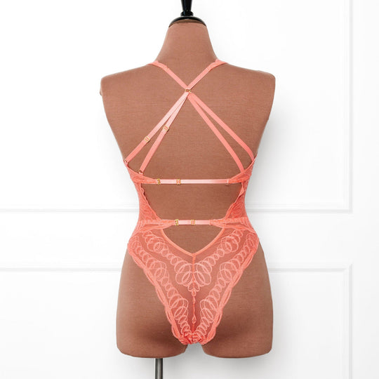 Plunge Neck Strappy Back Teddy - Coral - Mentionables