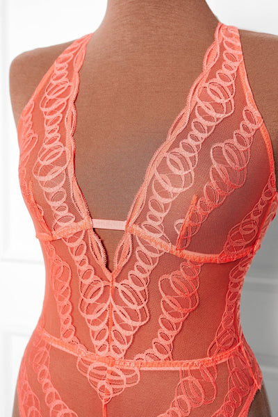 Plunge Neck Strappy Back Teddy - Coral - Mentionables