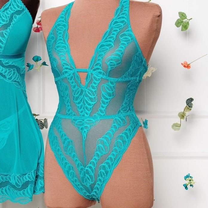 Plunge Neck Strappy Back Teddy - Teal - Mentionables