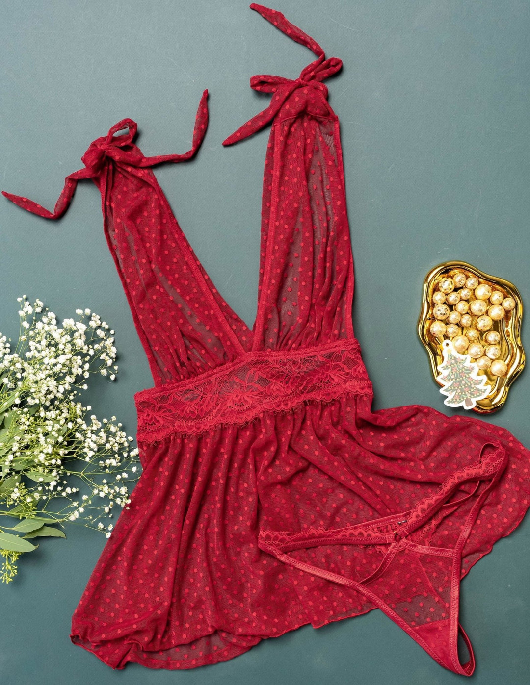 Polka Dot Mesh Babydoll - Red | Mentionables