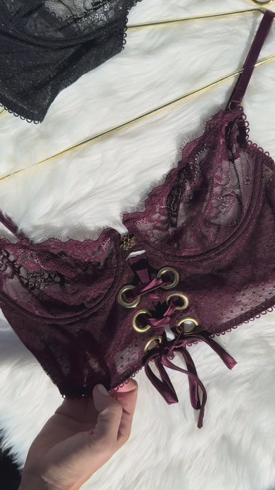 Eyelash Lace Underwire Lace Up Bustier - Cherry Lacquer