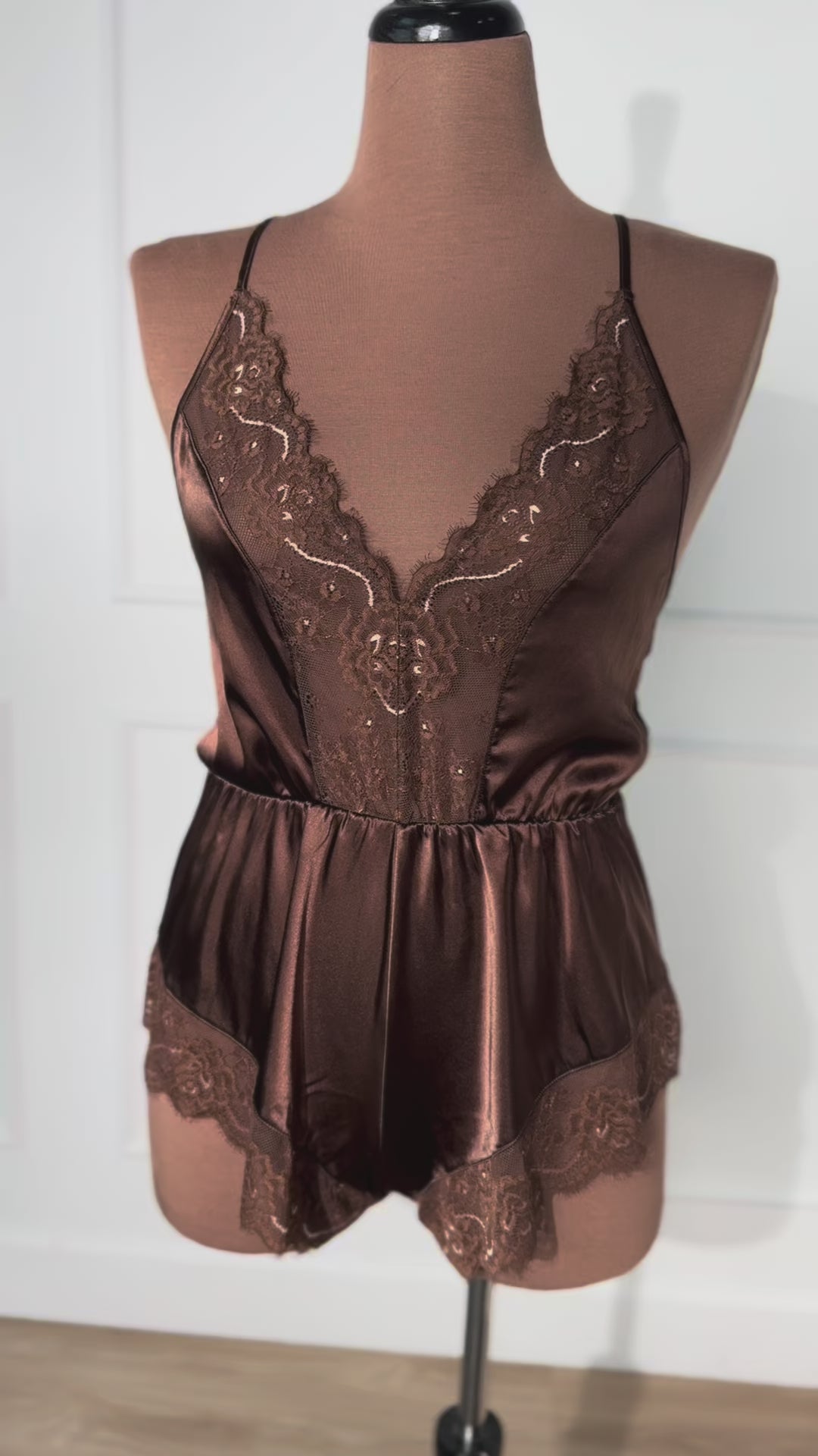 Lacy Plunge Satin Scalloped Romper - Chocolate