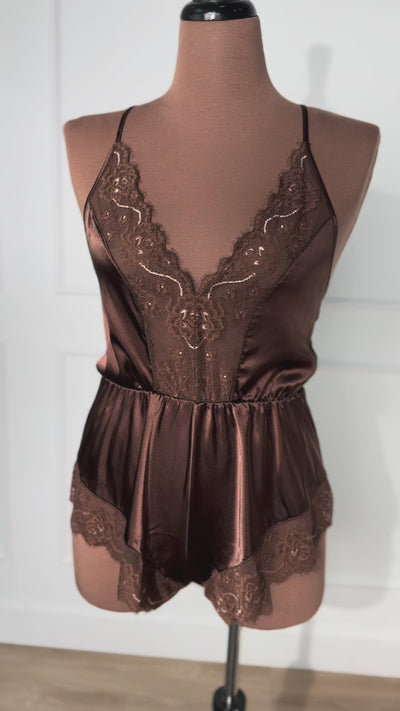 Lacy Plunge Satin Scalloped Romper - Chocolate