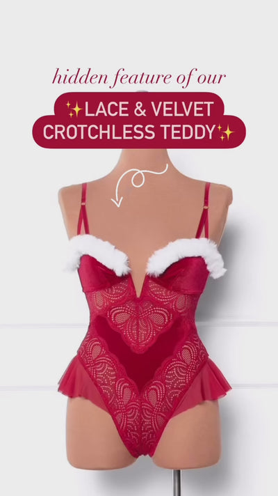 Lace and Velvet Crotchless Teddy - Red