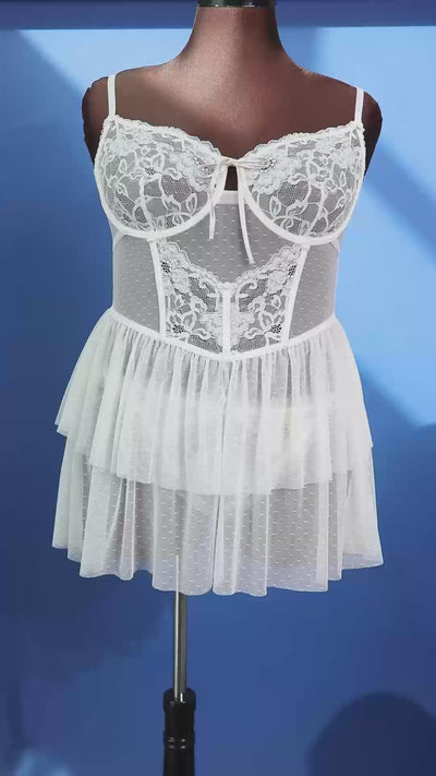Lace & Mesh Bustier Tiered Babydoll - Iridescent Cream