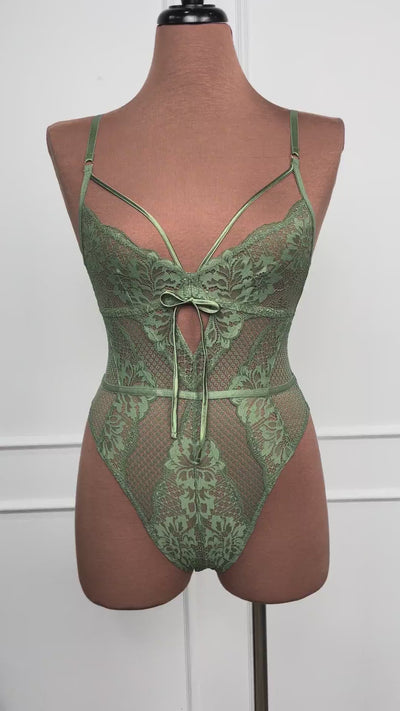 Lacy Caged Crotchless Teddy - Sage Green