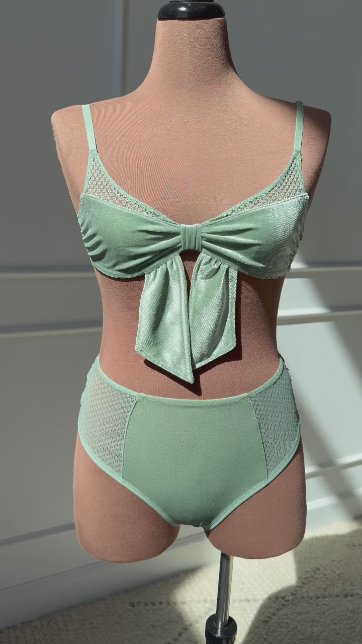 High Waist Velvet Open Back Panty - Misty Jade