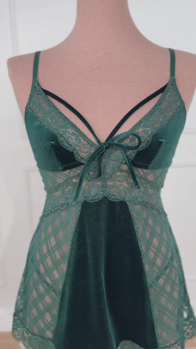Lace & Velvet Strappy Babydoll - Alps Green