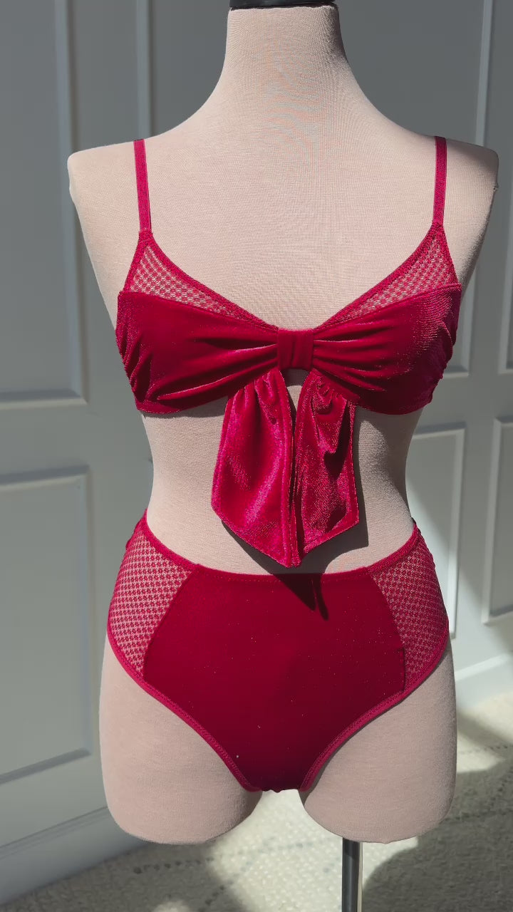 High Waist Velvet Open Back Panty - Red