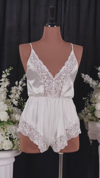 Lacy Plunge Satin Romper - Pearl