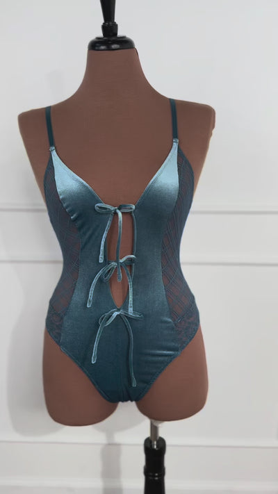 Lace & Velvet Crotchless Teddy - Retro Blue