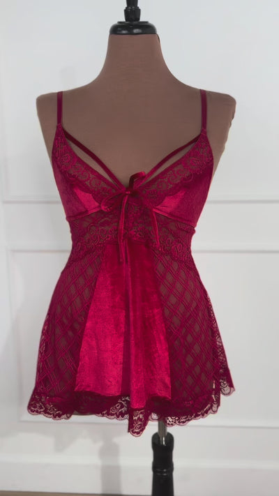 Lace & Velvet Strappy Babydoll - Red