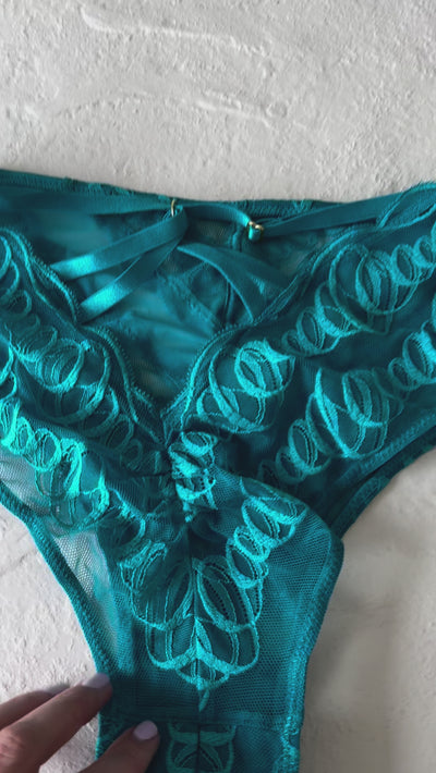 Strappy Back High Waist Crotchless Panty - Teal