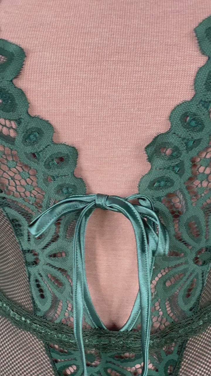 Slotted Lace Plunge Teddy - Emerald