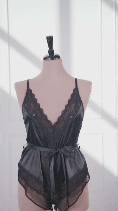 Lacy Satin Bow Romper - Black