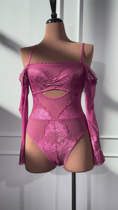 Lace & Mesh Off-The-Shoulder Crotchless Teddy - Mauve