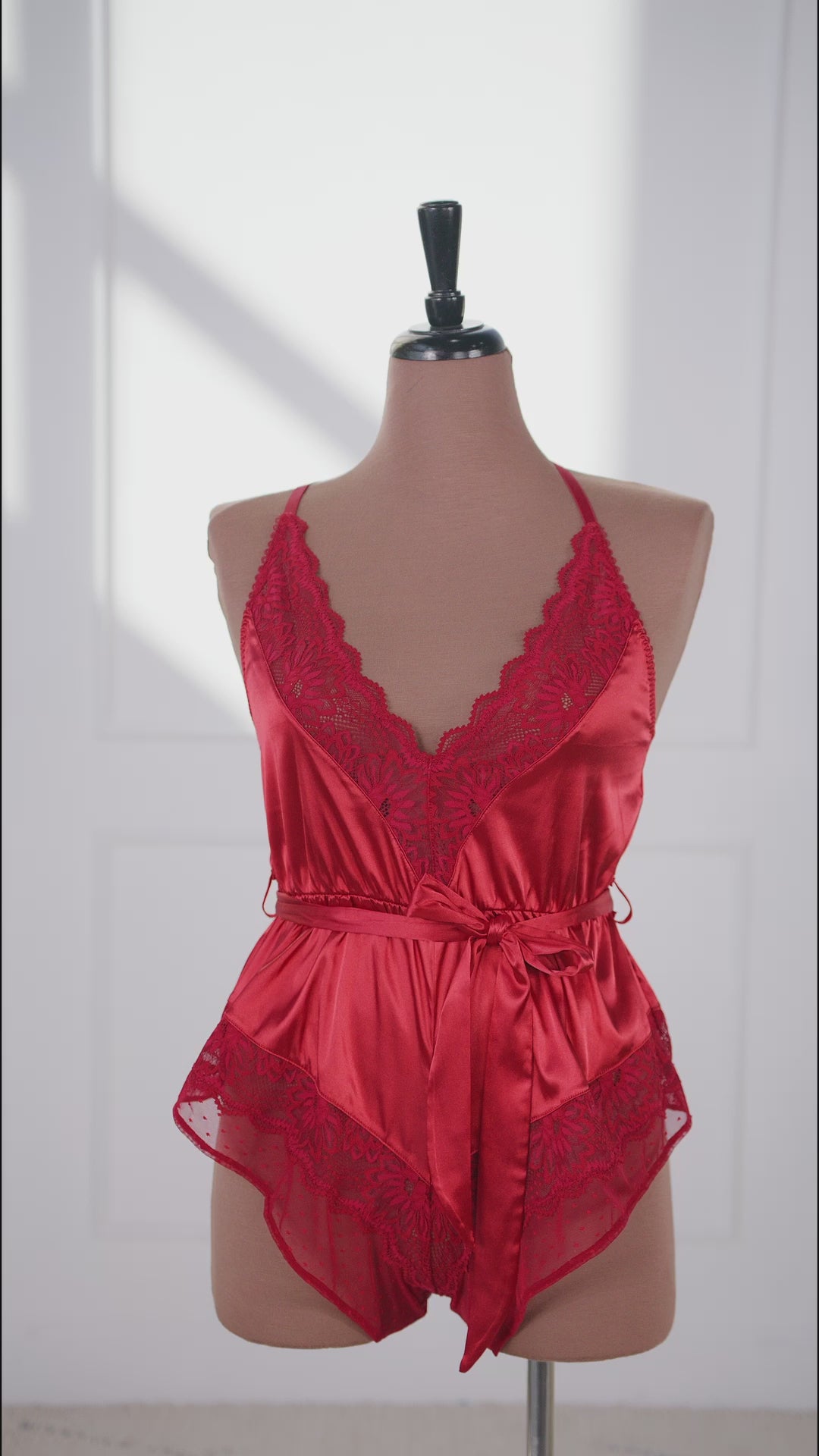 Lacy Satin Bow Romper - Red