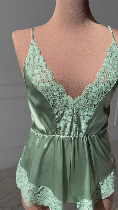 Lacy Plunge Satin Romper - Misty Jade