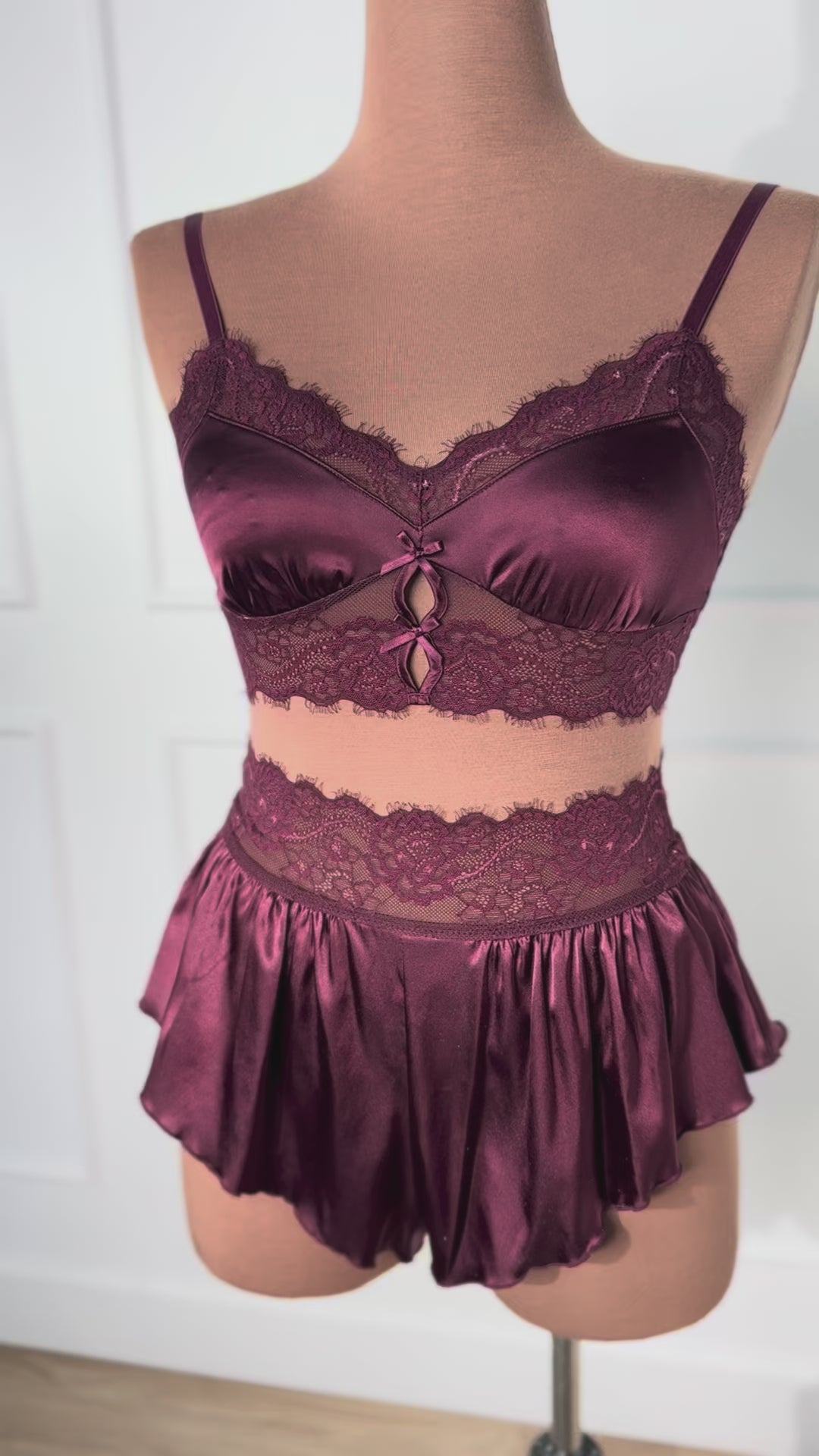 High Waist Lacy Satin Tap Shorts - Cherry Lacquer