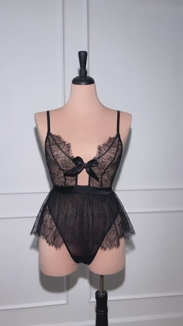 Eyelash Lace Crotchless Teddy - Black