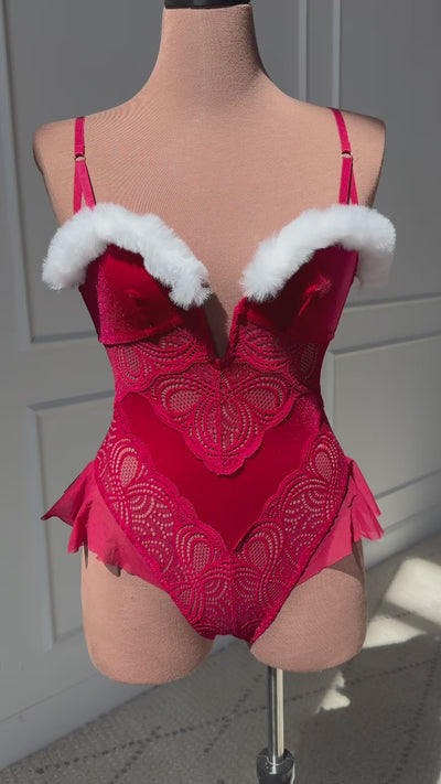 Lace and Velvet Crotchless Teddy - Red