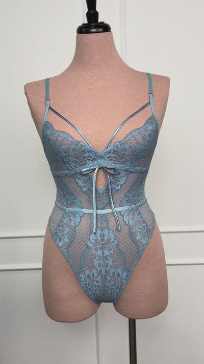 Lacy Caged Crotchless Teddy - Frost Blue