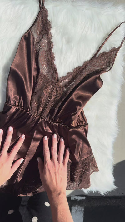 Lacy Plunge Satin Scalloped Romper - Cherry Lacquer