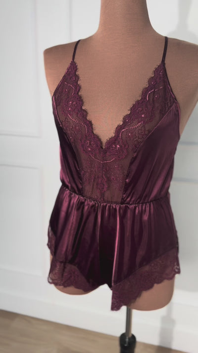 Lacy Plunge Satin Scalloped Romper - Cherry Lacquer