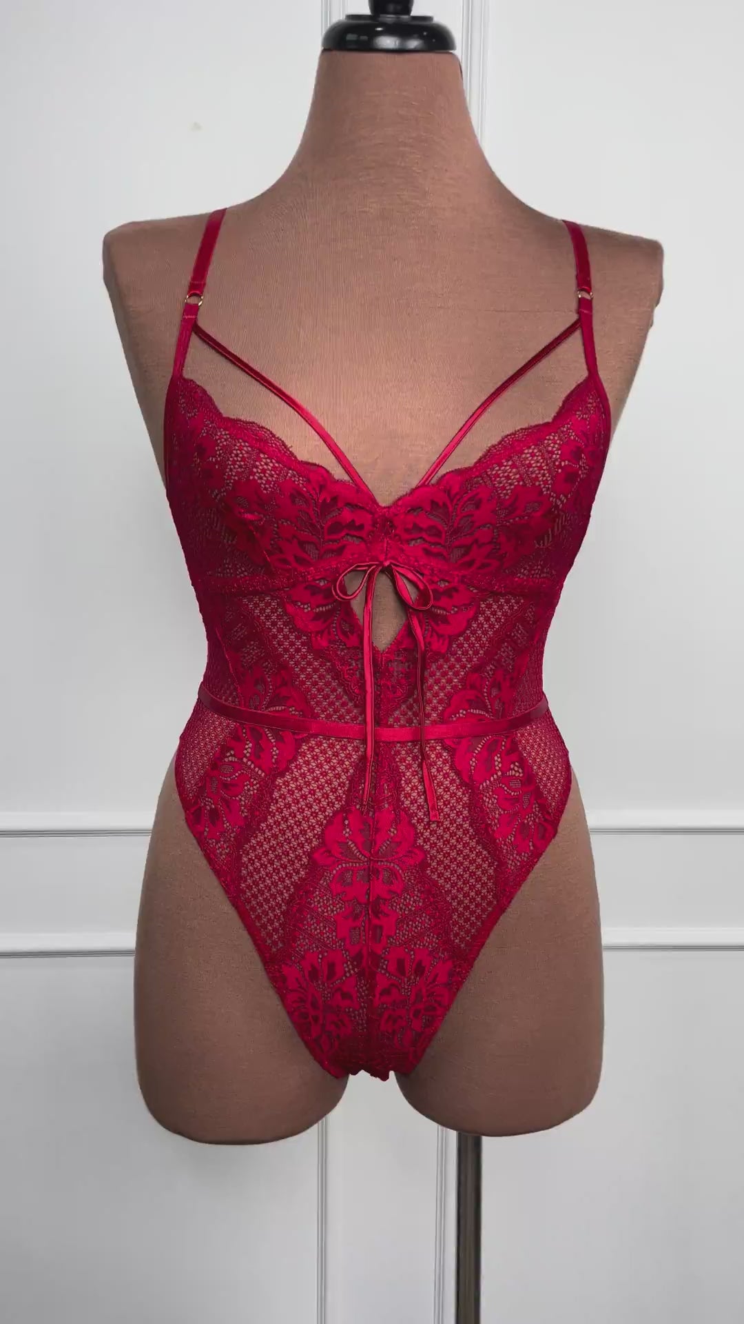 Lacy Caged Crotchless Teddy - Red