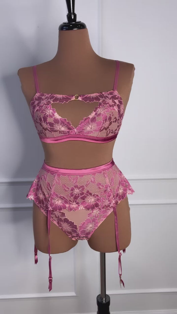 Lace & Mesh High Waist Garter Panty - Raspberry