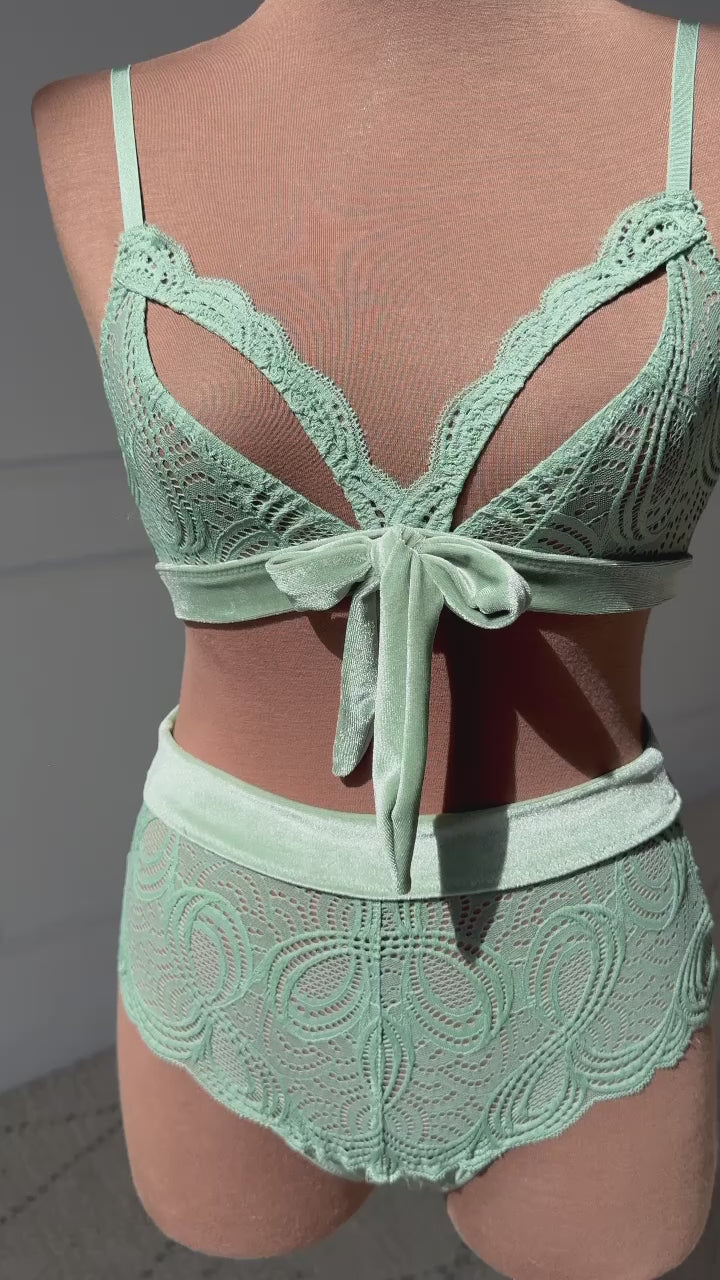 Lace & Velvet Caged Bralette - Misty Jade