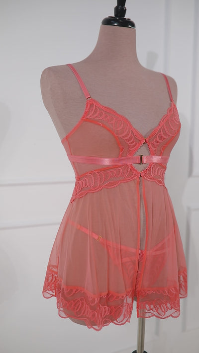Double Keyhole Split Front Babydoll - Coral