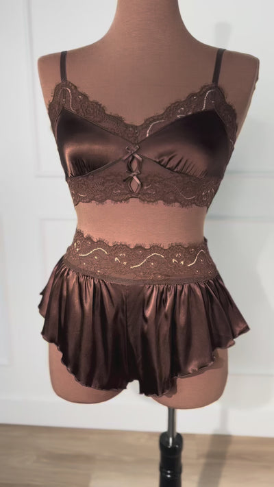 High Waist Lacy Satin Tap Shorts - Chocolate