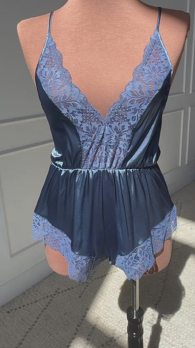 Lacy Plunge Satin Romper - Winter Blue