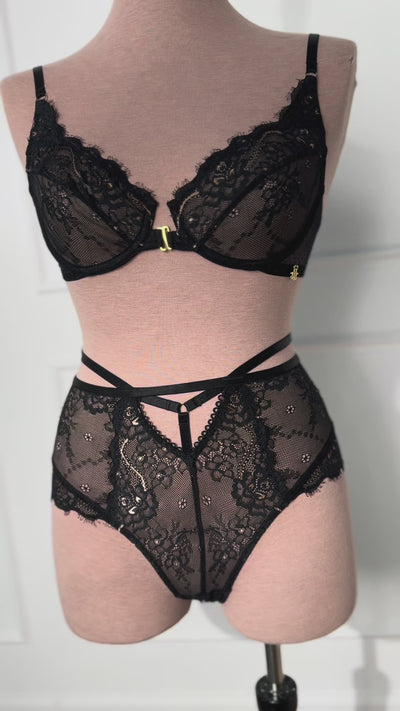 Eyelash Lace Underwire Balconette Bralette - Black