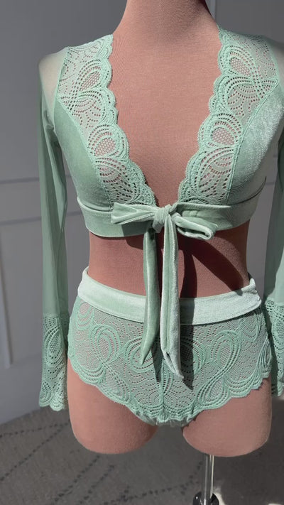 Lacy Velvet Bell Sleeve Bralette - Misty Jade